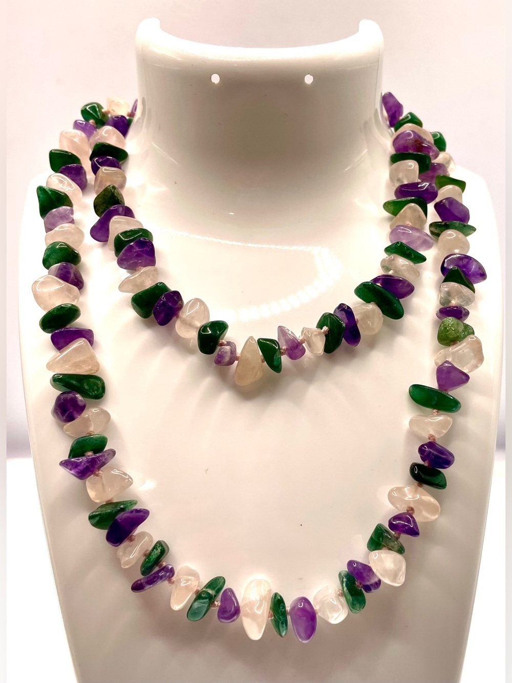 Vintage Rose Quartz Amethyst Green Aventurine Chip Necklace Artisan
